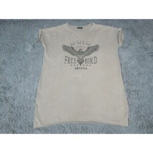 Free Bird Shirt Womens S/M Graphic Print Rolled Sleeves Crew Neck Top